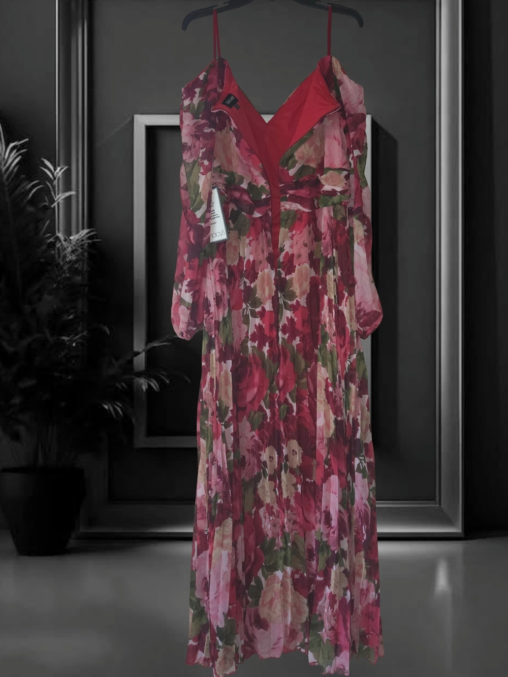 Xscape Plus Size Floral Pleated Maxi Off-The-Shoul Red Olive 20W Dress - Picture 5 of 16